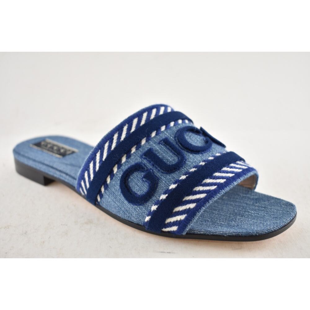 Gucci Jane Light Blue Denim Velvet Logo Mule Flat Slide Slip On Sandal 37 - Picture 6 of 16